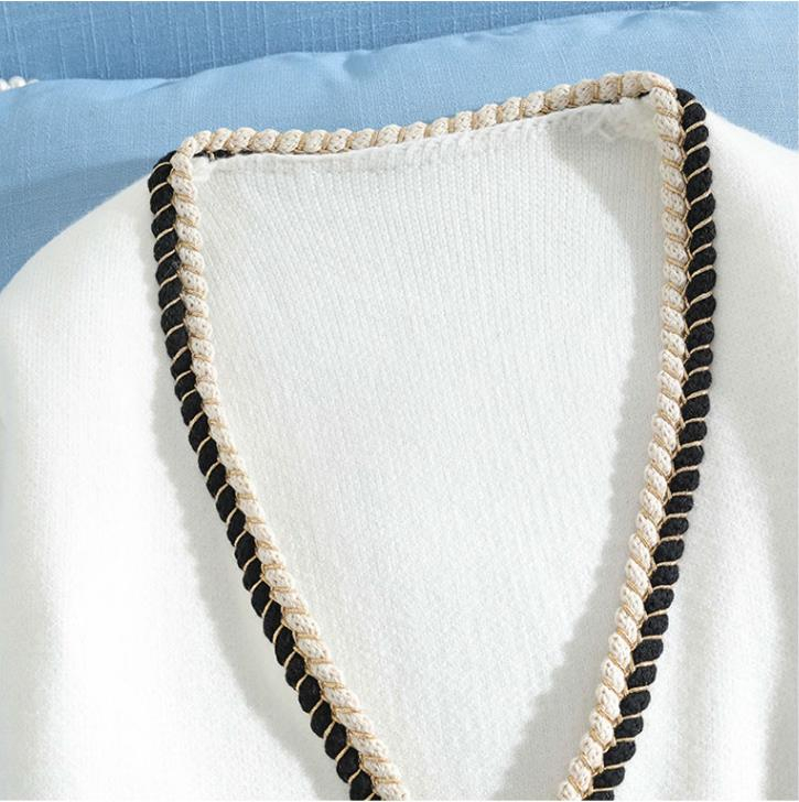 Elegant white cardigan women double breasted pearls buttons knitted sweater V-neck patchwork tops autumn arrival 201222