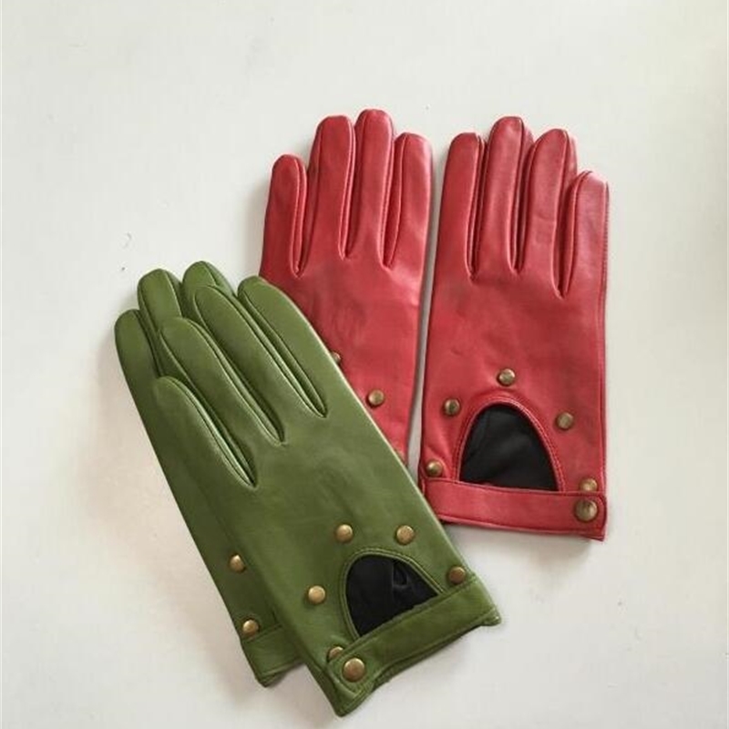 Women's Natural Leather Rivet Punk Style Gloves Female Genuine Leather Hollow Out Red Green Motorcycle Driving Gloves R749 201104