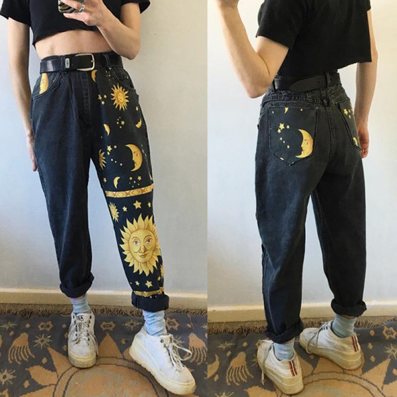Bazhenova Stars Moon Printed Jeans Casual Women Loose Straight Denim Pants High Waist Jeans Fashion Streetwear T1899, As pic