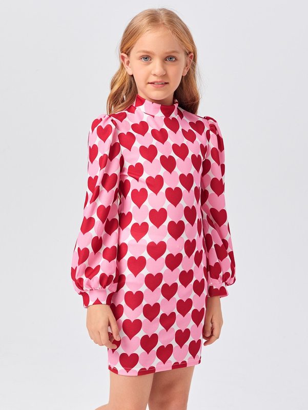 Girls Mock-neck Lantern Sleeve Heart Dress SHE