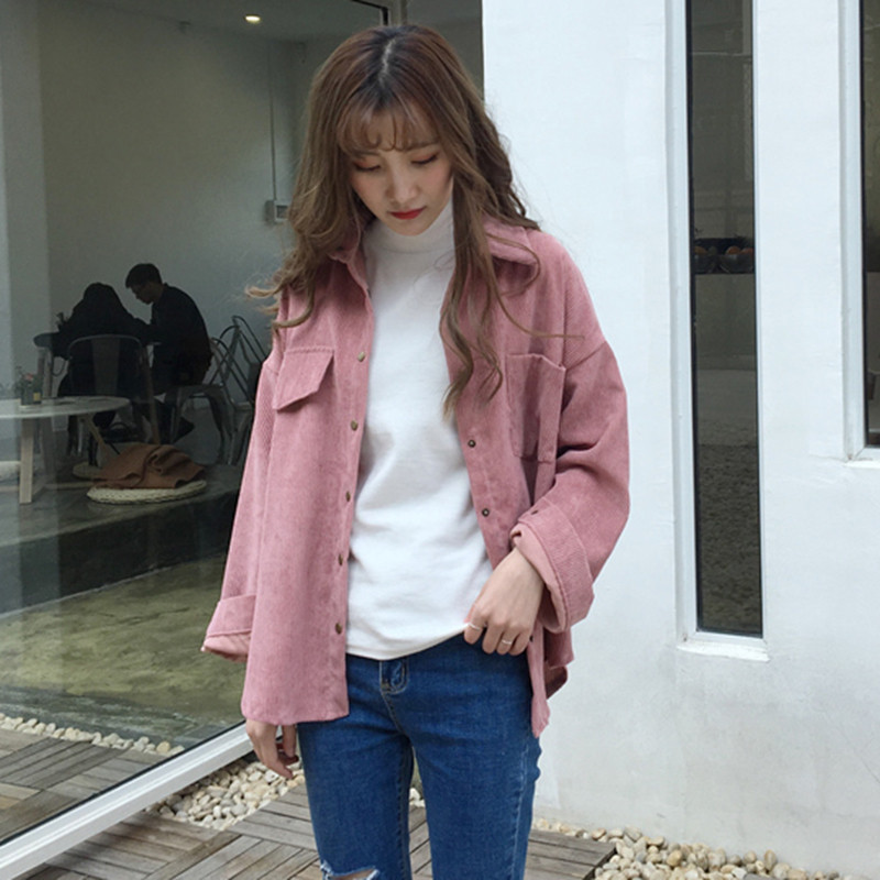 Corduroy Shirt Coat Women Fashion Long Sleeve Preppy Wide Waist Turn Down Collar Crop Jacket Women Harajuku Casual Pocket Jaket T200212