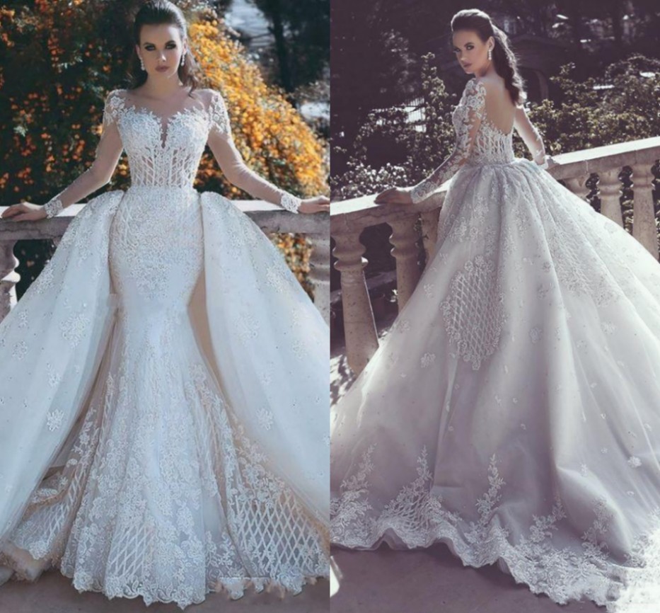 2022 Bridal Gowns New Mermaid Lace Wedding Dress With Detachable Train Sheer Neck Long Sleeves Beaded Overskirt Dubai Arabic Robe De Mariage Vestidos 