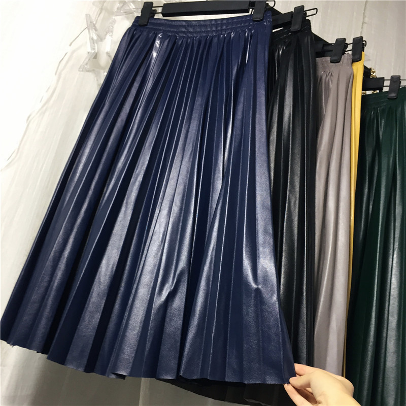 new women pu leather pleated skirt halflength retro highwaisted slim organ leather skirt pleated long skirt female T200324