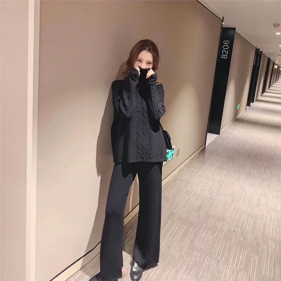 2020Women Woolen Solf warm Knitted suit Female wide legs pullover sweater & pant 2 piece set ,apricot Pink Green Blue T200118