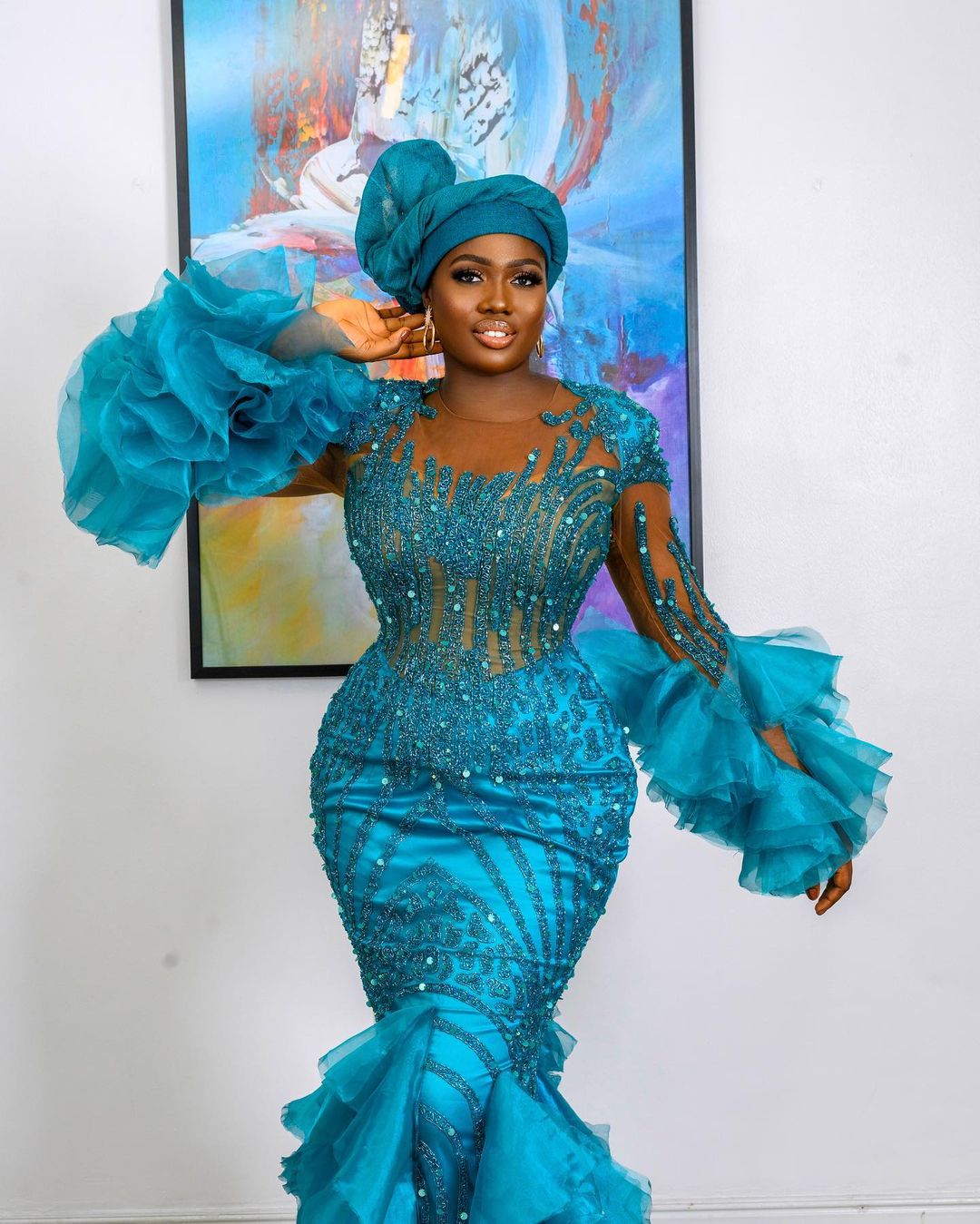 Plus Size Arabic Aso Ebi Blue Luxurious Mermaid Prom Dresses Lace Beaded Stylish Evening Formal Party Second Reception Birthday Engagement Gowns Dress
