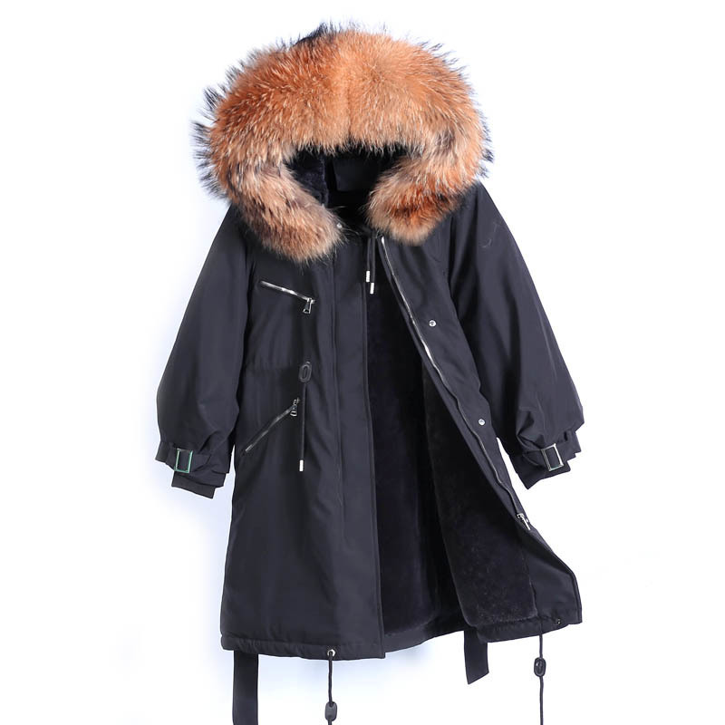 Large Natural Raccoon Fur Winter Jacket Women Hooded Long Parkas For Female Thick Slim Down Winter Coat Women Waterproof 201125
