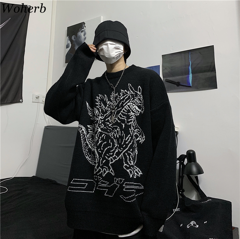 Woherb Vintage Loose Pullover Sweater Women Long Sleeve Dinosaur Pattern Knit Tops Jumpers Korean Fashion New Streetwear 91373 201023