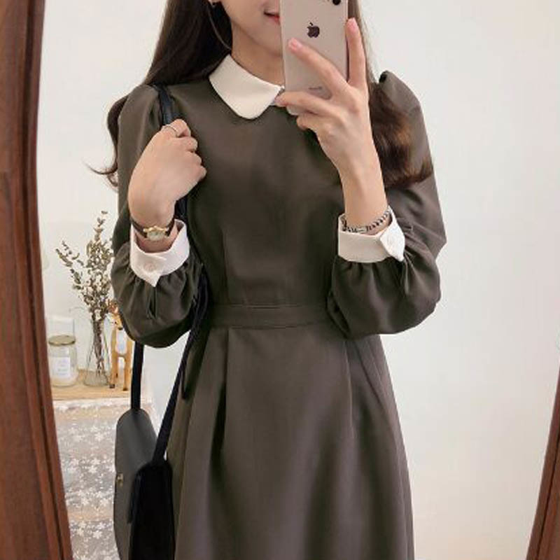 NORMOV Autumn Winter Long Hot Women Fashion Dress Solid Color A Line Patchwork Vintage Peter Pan Colla Knee-Length Dress 201008