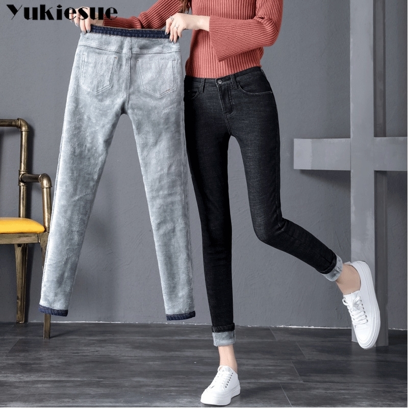 Winter Jeans Women Gold Fleeces Inside Thickening Denim Pants High Waist Warm Trousers Female jeans woman Pants Plus size 201106