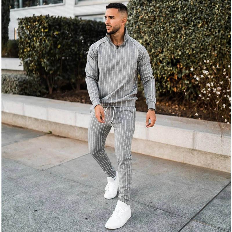 

Men's Tracksuits 2021 Spring And Autumn Striped High Street Hip Hop Stand Collar Zipper Jacket Outdoor Fitness Jogging Training Sports Suit, Black