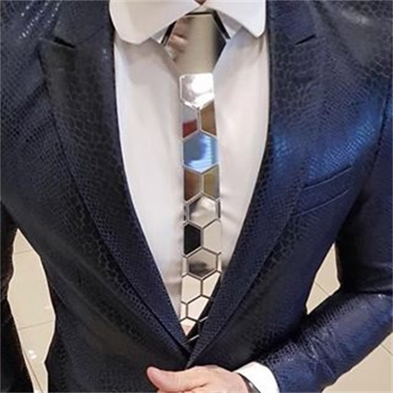 Reversible Mirror Necktie One side Gold n One Side Silver Classy Hexagons Ties Lover Gift Acrylic Shining Ties Slim Tie Clip Set 201028