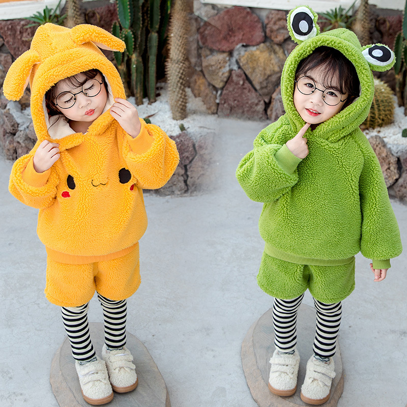 High-end Warm Girls Clothing Sets Winter Flannel Thicken Children Clothing Plus thick velvet Sweatshirts+ Pants 2PCS Toddler SuiX1019