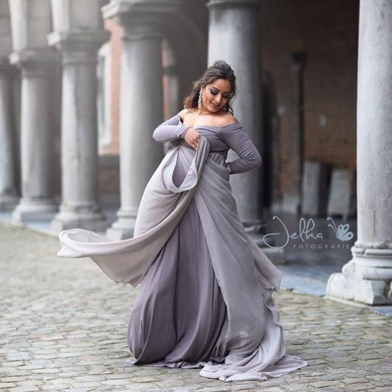 Shoulderless Long Sleeve Pregnancy Dress Photography Props Maternity Maxi Gown Dresses For Photo Shoot Pregnant Women Clothes LJ201123
