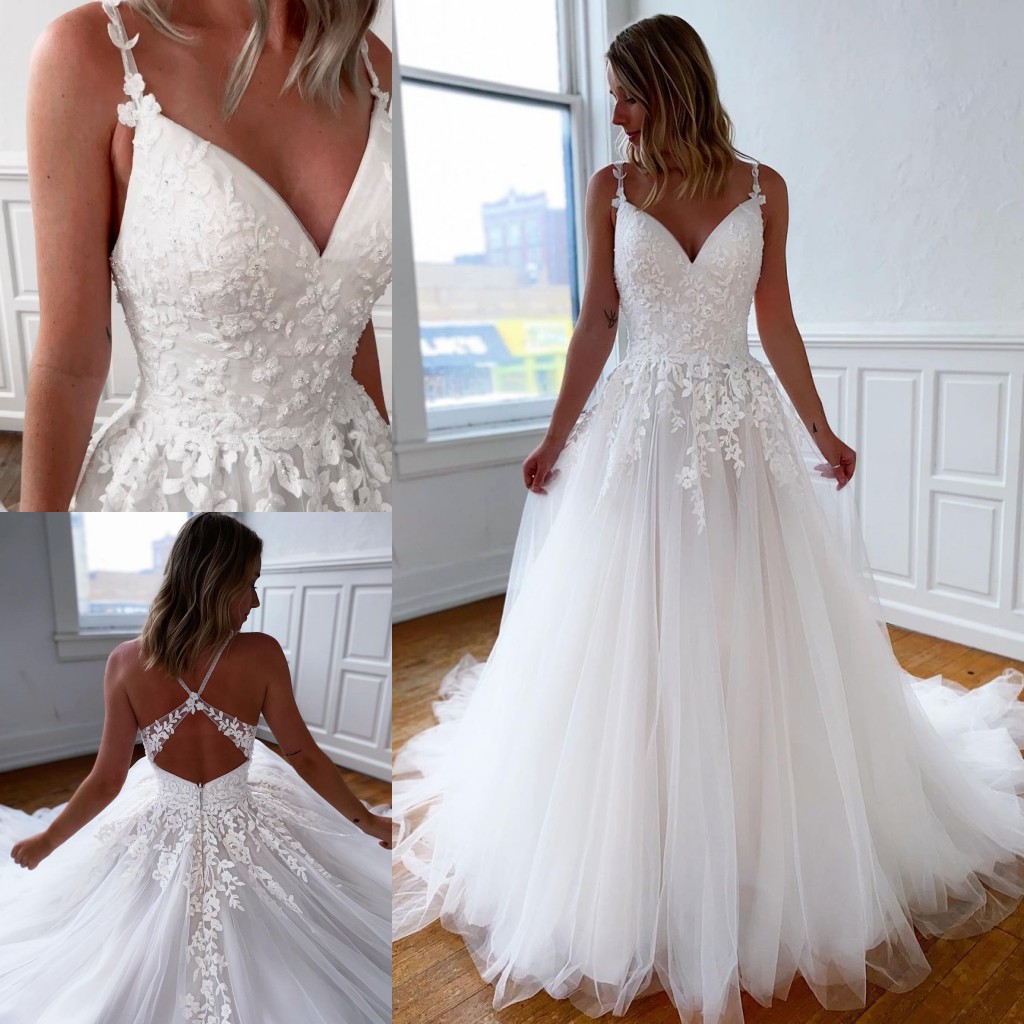 Lace Beaded Classy Backless Wedding Dresses Spaghetti Straps Neck A Line Appliqued Bridal Gowns Sweep Train Tulle Robe De Marie ppliqued
