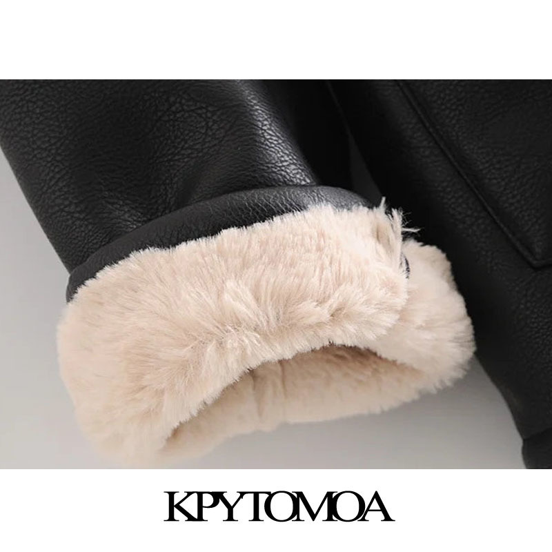 KPYTOMOA Women Fashion With Fur Faux Leather Thick Warm Jacket Coat Vintage Long Sleeve Tied Belt Female Outerwear Chic Top 201112