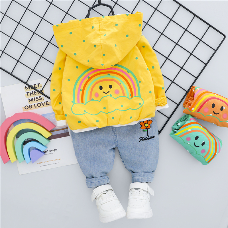 HYLKIDHUOSE Baby Girls Clothing Sets 2020 Autumn Hooded Coats Flowers T Shirt Jeans Infant Newborn Clothing Children ClothesX1019