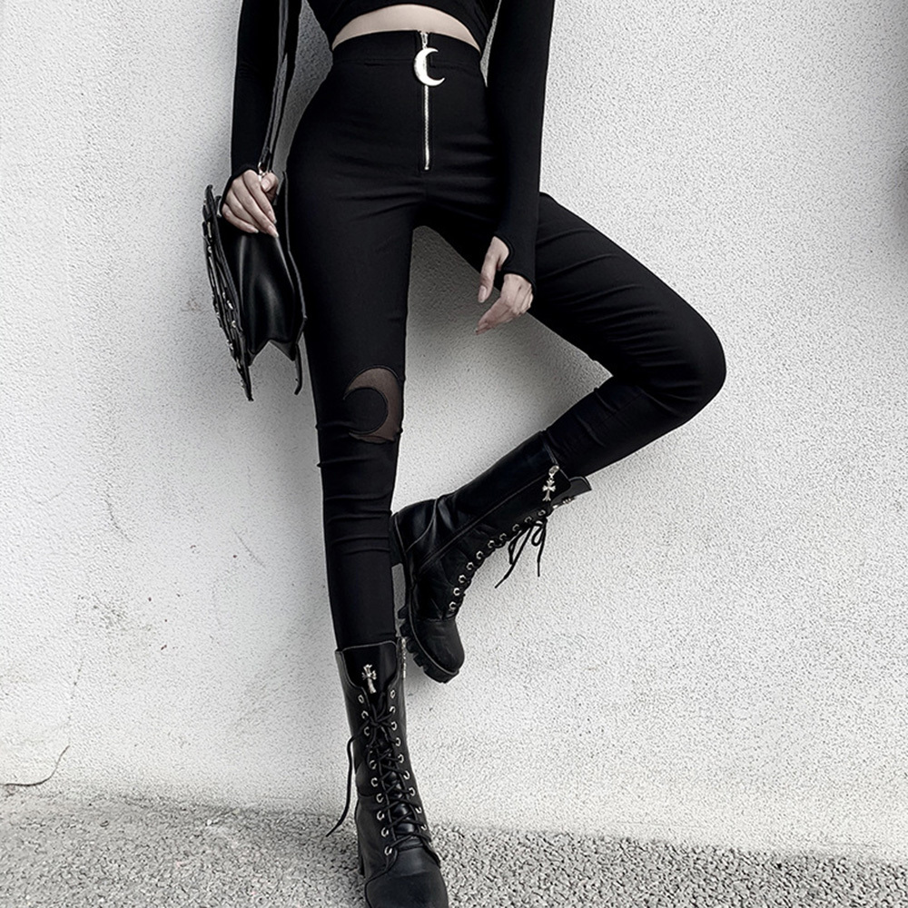 Rosetic Gothic Pants Hollow Out Pentagram Black Leggings Women Pencil Pants Slim Thin High Waist Zipper Plain Cool Sexy Pants 201228