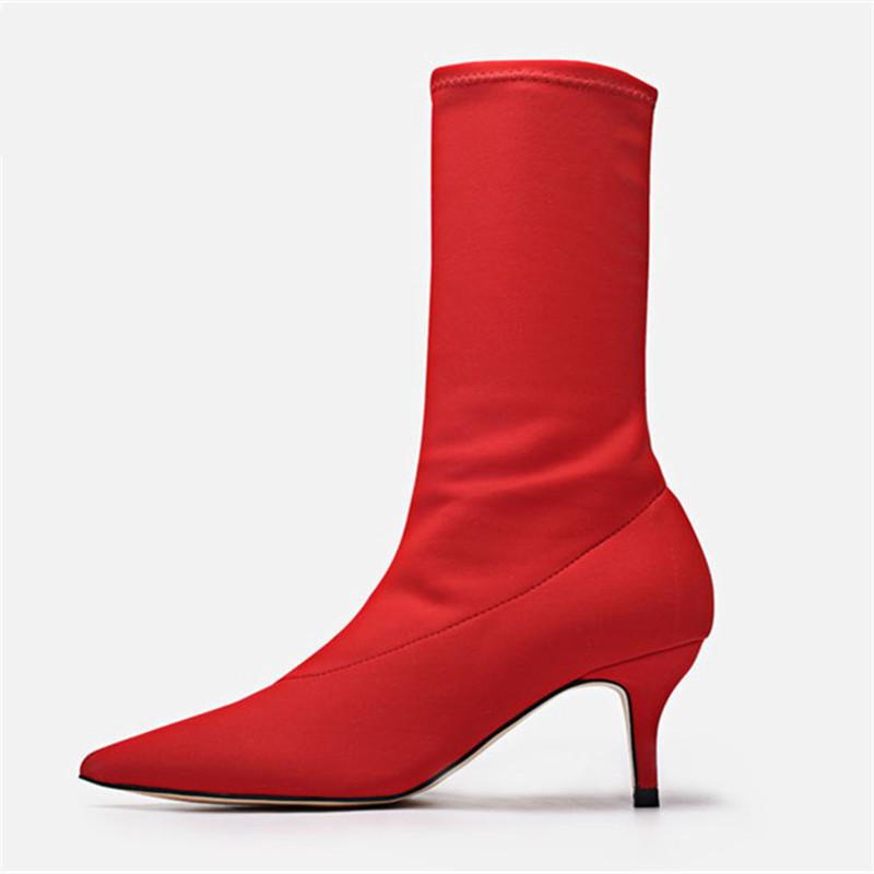 

2021 New Female Sexy Stiletto Sock Booties Stretch Fabric Pointed Toe High Heels Ankle Boots Women Pumps Botas Mujer, As picture