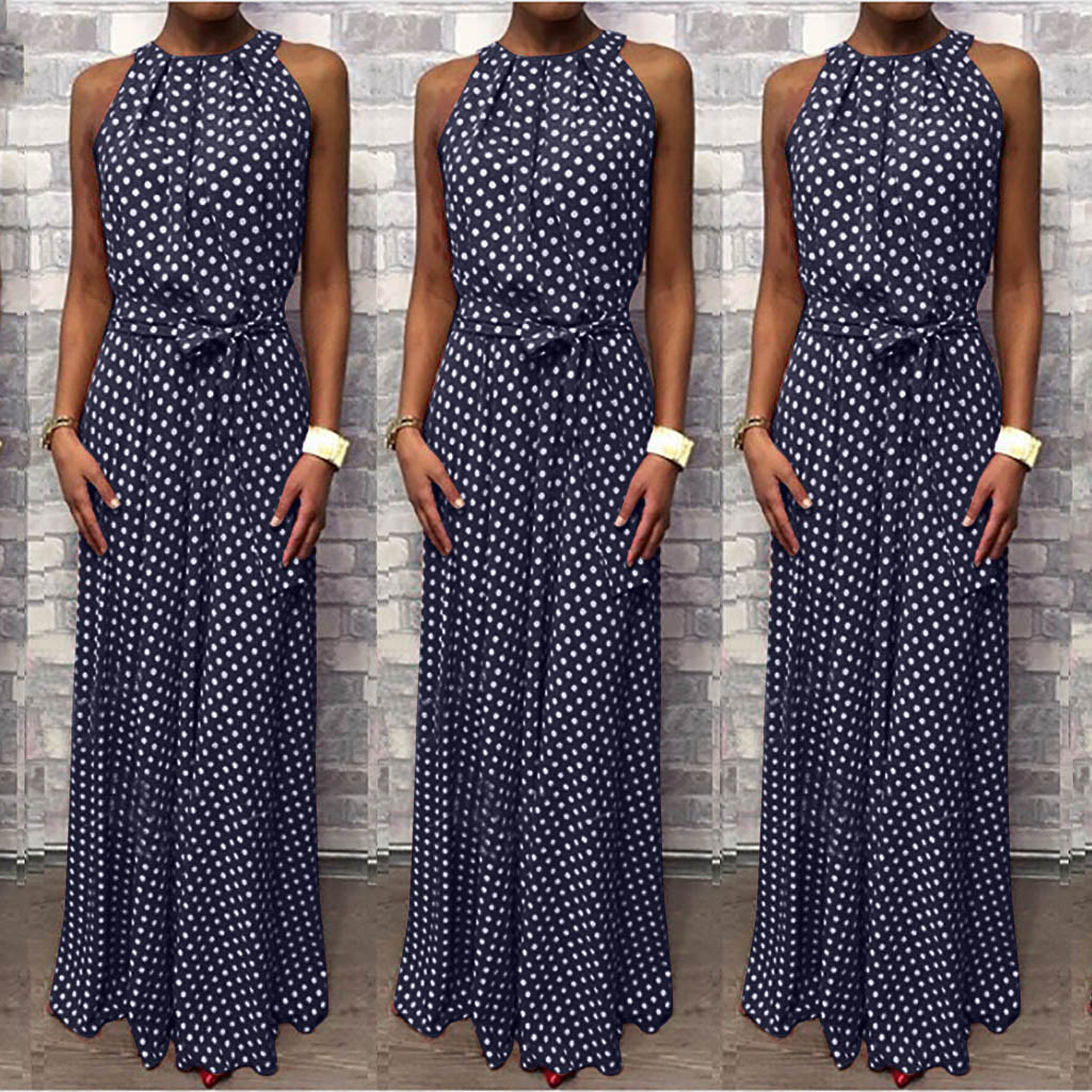 Polka Dot Printed Long Dress Ladies Sleeveless Back Collar Coffee Casual Dress Ladies Summer Beach Party Dress Summer Vestidos T200416