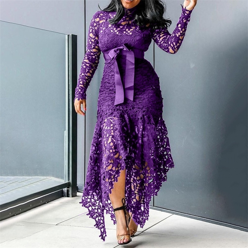2020 Lace Floral Hollow Out Dress Women Long Sleeve Fashion Ruched Neck Dress Party Formal High Waist Maxi Irregular Hem Dress Y200805, Purple
2020 Lace Floral Hollow Out Dress Women Long Sleeve Fashion Ruched Neck Dress Party Formal High Waist Maxi Irregular Hem Dress Y200805, Purple