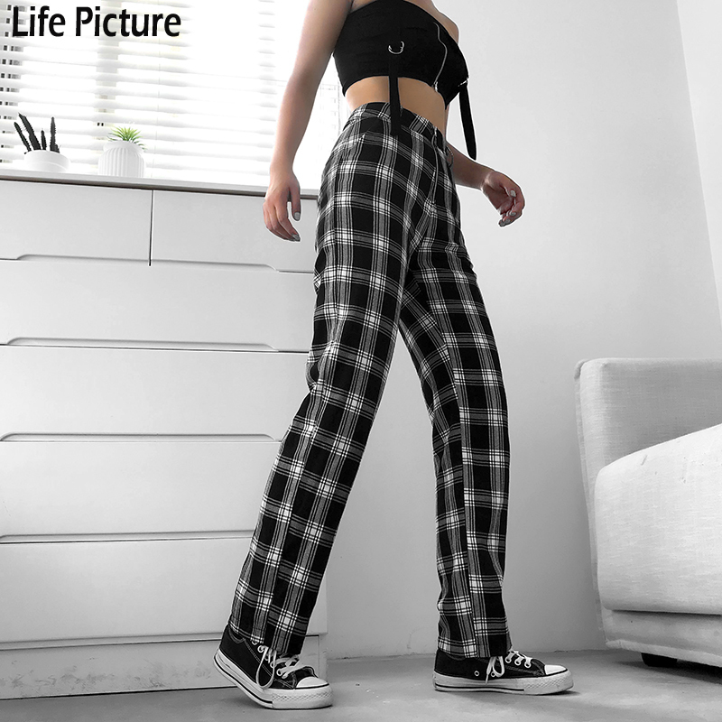 Rapwriter Casual Plaid High Waist Pant Fashion Loose Straight Trousers Checkered Harajuku Baggy Sweatpants Pantalon 201109