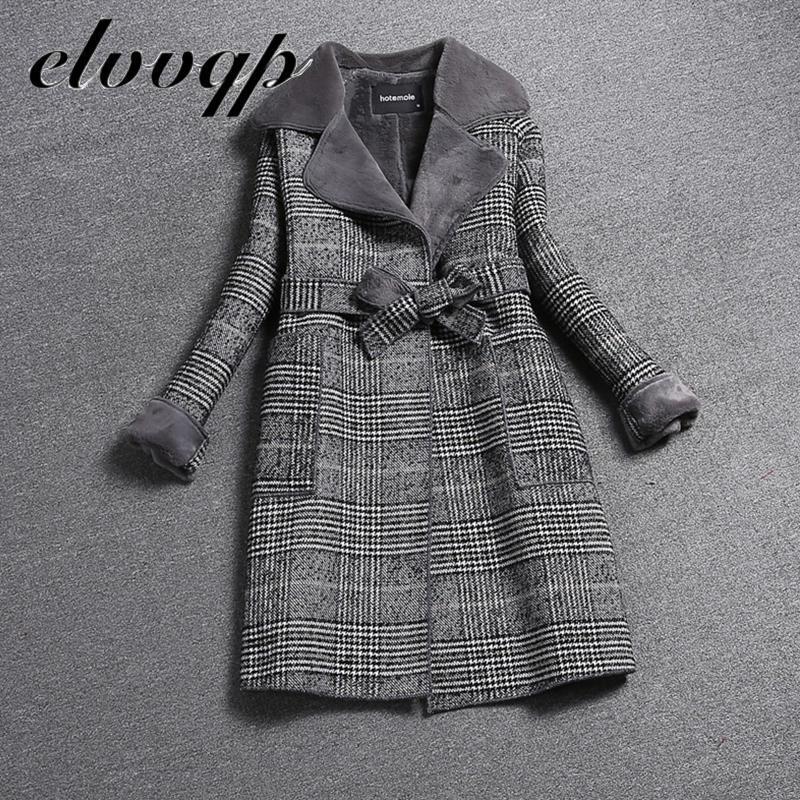 high Quality Woolen Coat Women Winter Long Thick Plus Velvet Warm Fur Jackets Elegant Pocket Plaid Belt Ladies Coats 201216