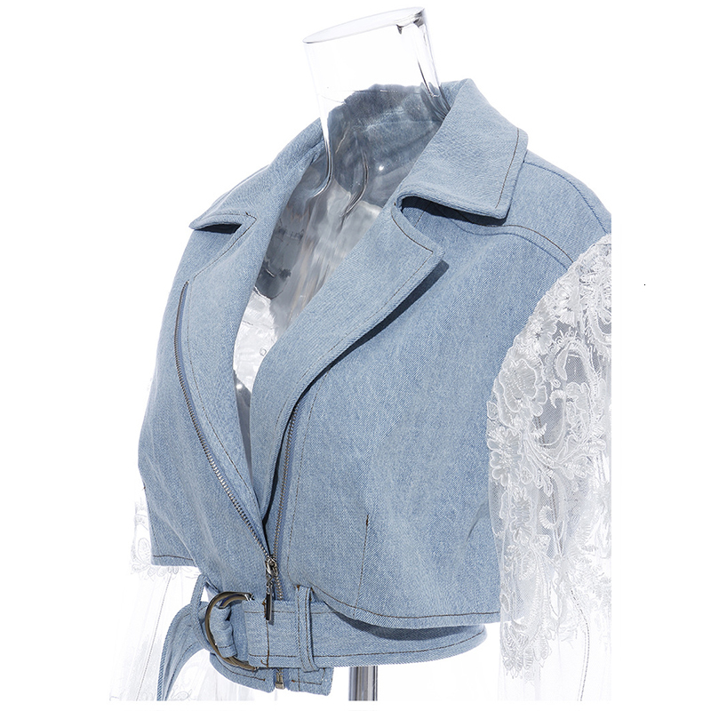 EAM Loose Fit Lace Split Joint Blue Denim Jacket Lapel Long Sleeve Women Coat Fashion Spring Autumn 1D638 201029
