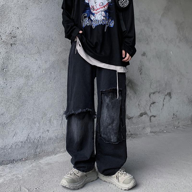 Retro patchwork jeans for men Street style hip hop denim jeans Frayed Ripped Cat whiskers goth Wide leg pants Straight pants, Black
Retro patchwork jeans for men Street style hip hop denim jeans Frayed Ripped Cat whiskers goth Wide leg pants Straight pants, Black