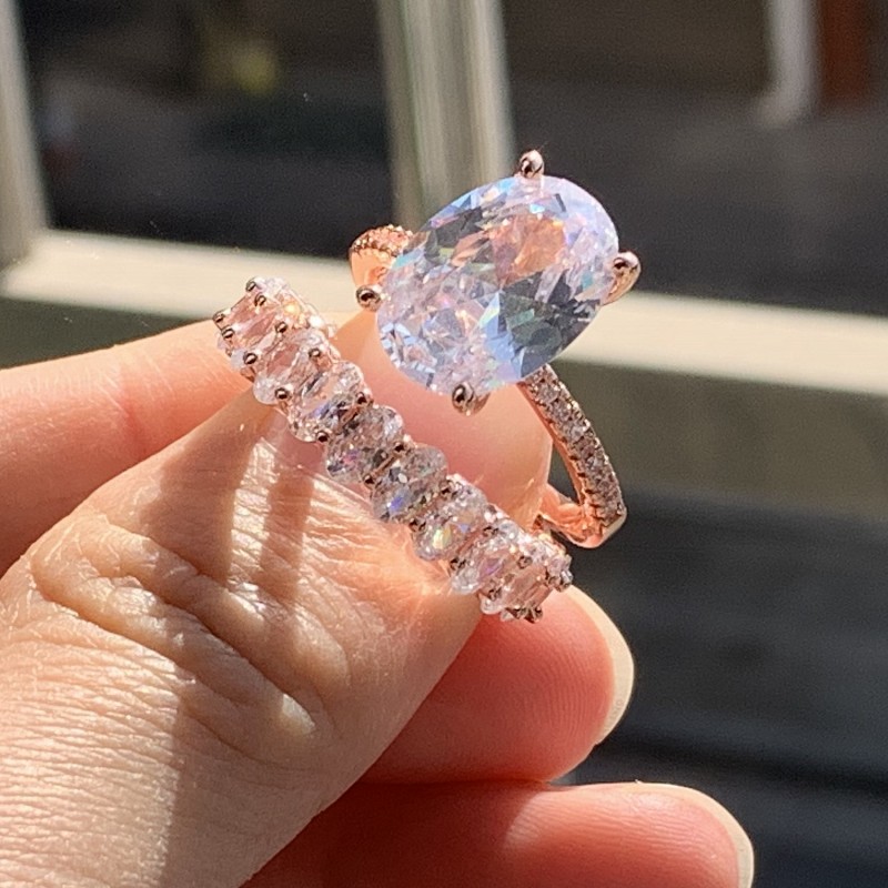 Rose Gold Oval Cut CZ Dia Engagement Ring Set for Women, Sterg Sier Bridal Wedding Band , Cubic Zirconia 2024 Gift 0f3e