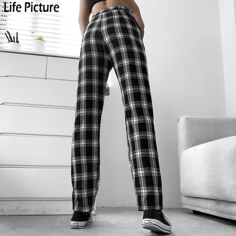 Rapwriter Casual Plaid High Waist Pant Fashion Loose Straight Trousers Checkered Harajuku Baggy Sweatpants Pantalon 201109
