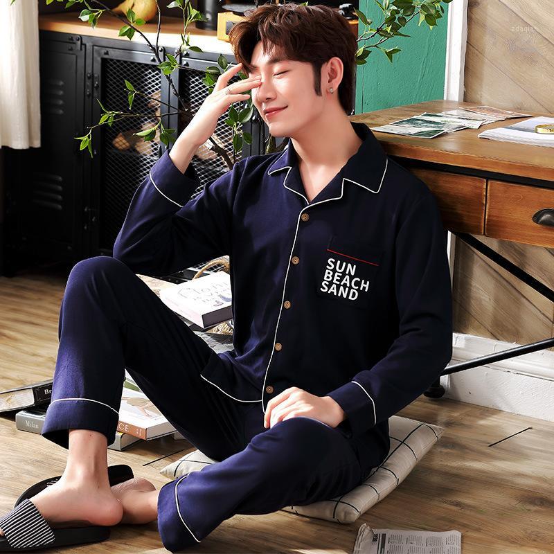 Pajamas men's long-sleeved cotton men's pajamas cotton youth middle-aged leisure home wear suit1, Y520 men s