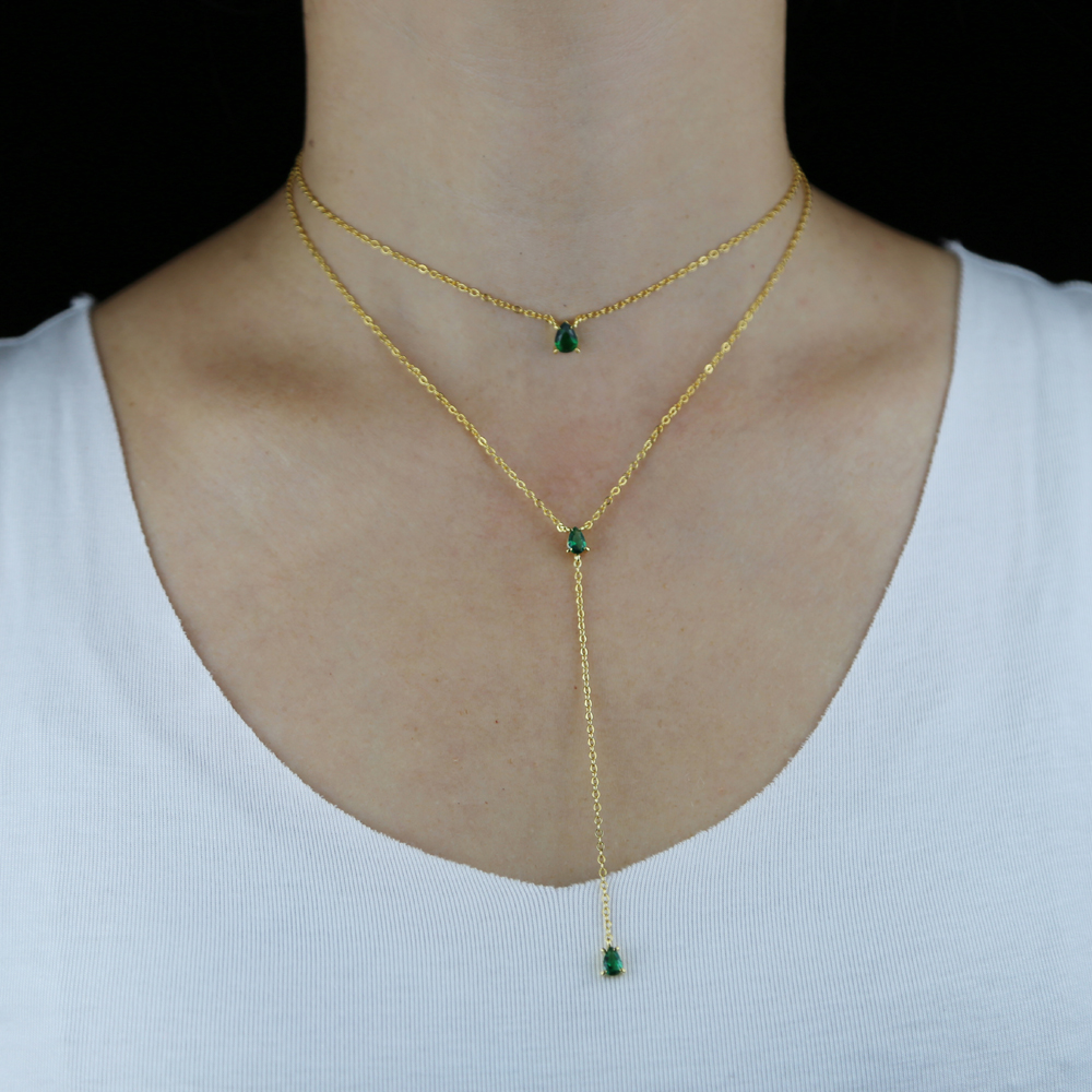 New arrived women wedding choker necklace with green cz paved Y shape long layer chain statement necklace Jewelry wholesale
