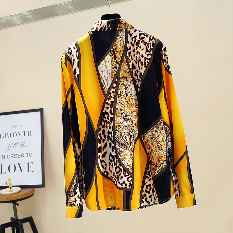 Spring Autumn Women's Contrast Color Shirt Loose Wild Leopard Long Sleeve Chiffon Tops Tide Blouses GD229 201028
