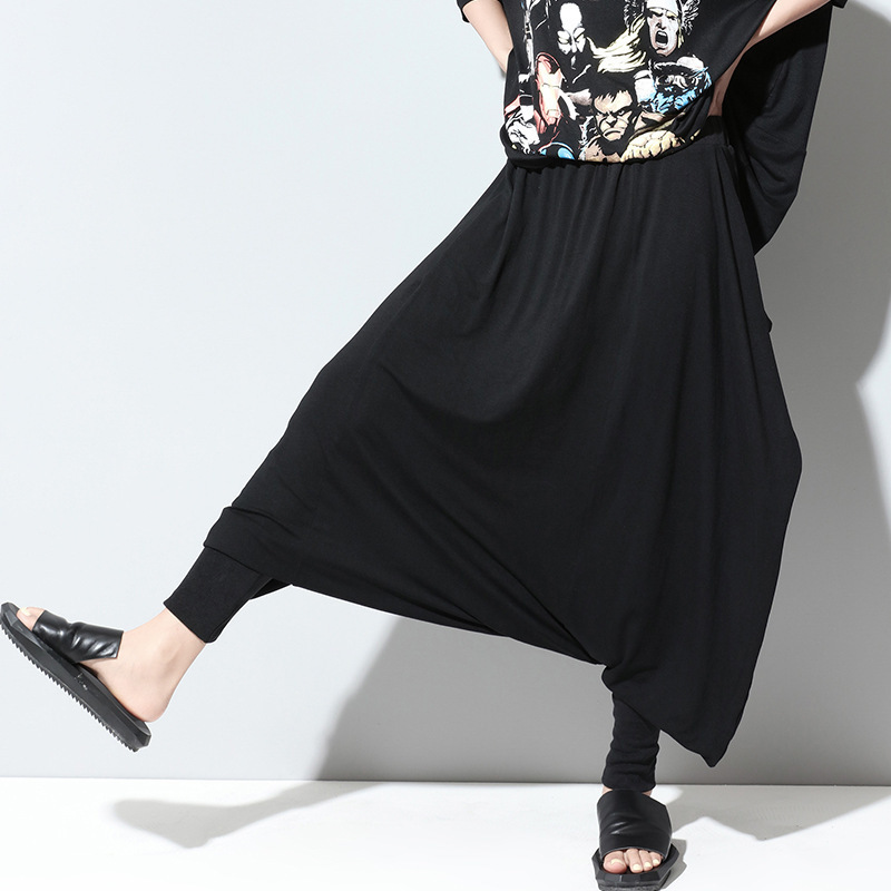 EAM Spring Autumn High Elastic Waist Black Big Size Brief Loose Cross-pants Women Trousers Fashion JL3 201228