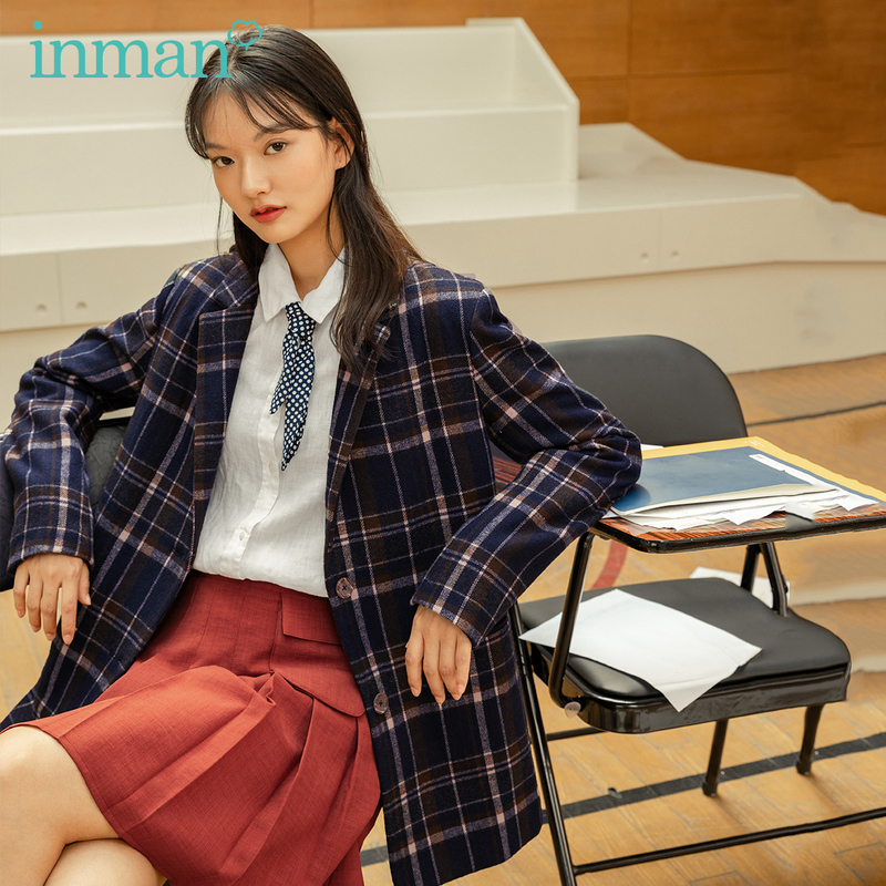 INMAN Autumn Winter New Arrival Preppy Style Plaid Striped Plaid Blue Cafe Suit Texture Woman Woolen Coat 201106