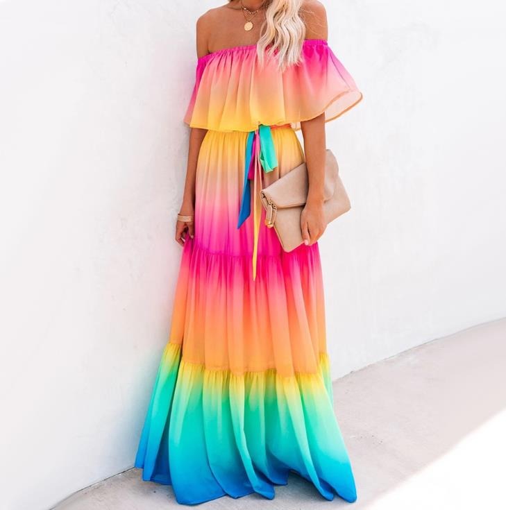Women's Elegant Off Shoulder Summer Ruffle Beach Maxi Dress Rainbow Pleated Casual Long Dresses Full Length S-2XL