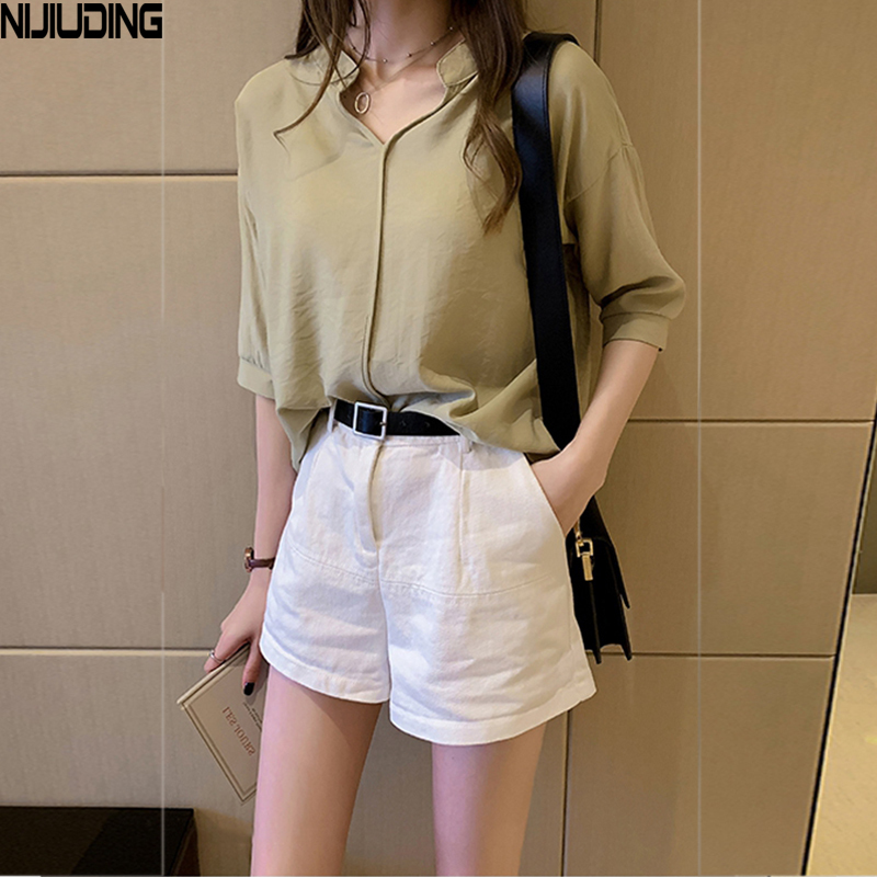 NIJIUDING Women Half Sleeve Loose Shirts Shirt OL Clothes Plain Casual Blouse Office Lady Summer Chiffon Shirts blusa feminina 201125