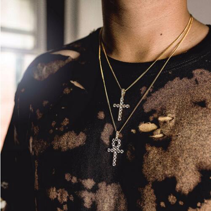 Iced out cross charm necklace for boy long tennis chain necklaces with gold silver plated x shape pendant for mens hip hop jewelry
