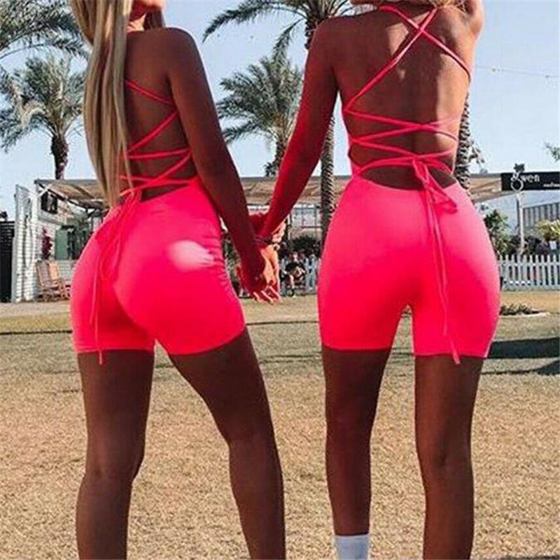 Fashion Playsuit Neon Green Bandage Backless Sexy Women Jumpsuit Summer Lace Up Bodycon Women Rompers Casual Beach Club Overalls T200527