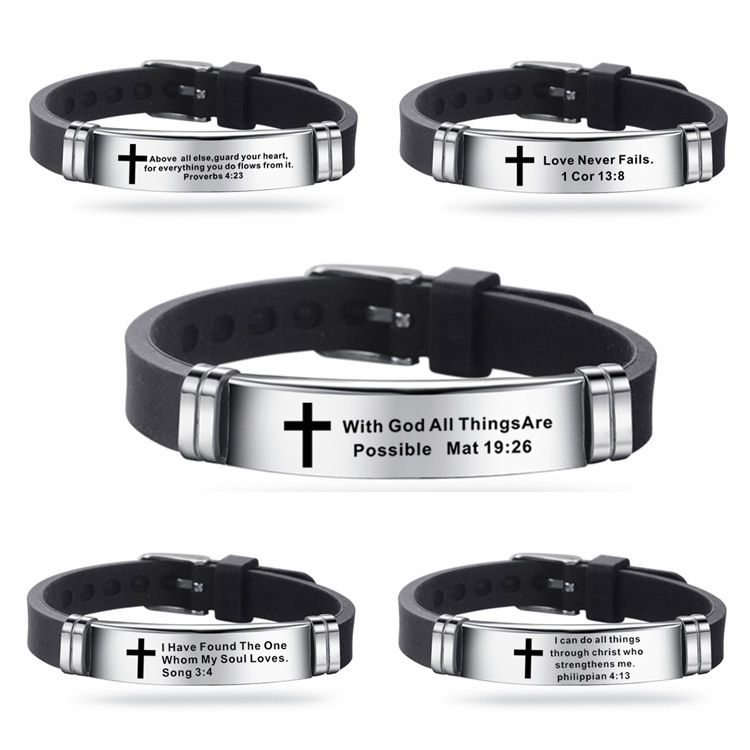 Trendy Cross Jesus Scripture Quote Bracelet Christian Bible Verse Inspiring Faith Stainless Steel Bracelets Silicone Wristband
Trendy Cross Jesus Scripture Quote Bracelet Christian Bible Verse Inspiring Faith Stainless Steel Bracelets Silicone Wristband