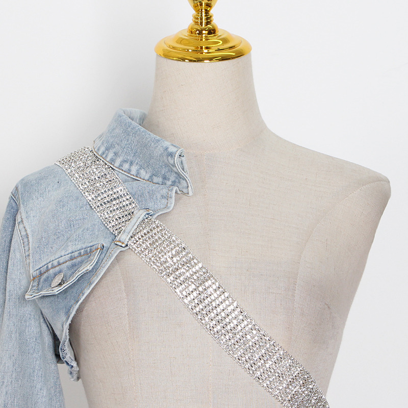 TWOTWINSTYLE Asymmetrical Sexy Denim Women Jacket Lapel Long Sleeve Patchwork Diamond Short Tops Female Summer Fashion New 201017