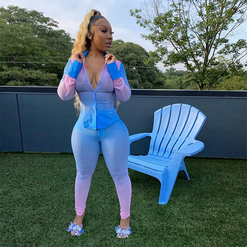 HAOYUAN Sexy Plus Size Tie Dye Two Piece Set Jumpsuit Bandage Shirt Top+Bodycon Pocket Pants Women Fall Clothing Fashion Outfits 201007