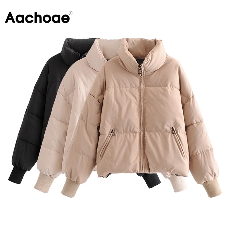 Aachoae Solid Color Fashion Winter Parka Women Long Sleeve Zipper Thick Warm Parkas Coat Casual Down Jacket With Pockets 200928