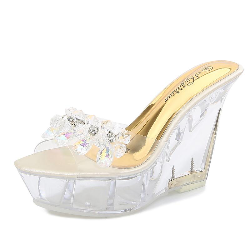 

Wedge heel 10CM nightclub runway shoes party new trendy rhinestone sandals catwalk pole dance shoes crystal soles, Sandals blue