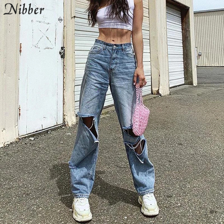 Nibber Autumn Winter Harajuku Hollow Denim pants Womens hot pure leisure loose Slim Flare Pants mujer Hip hop Denim pants T200223