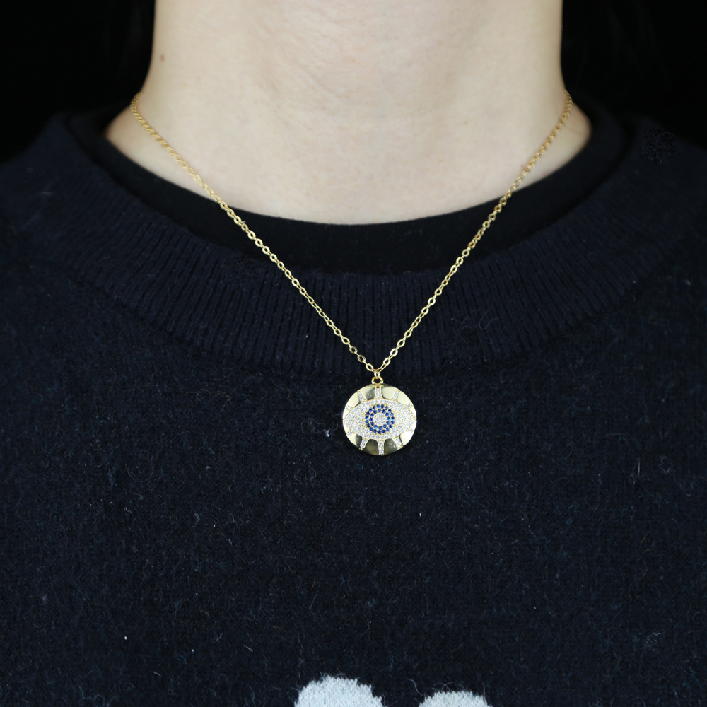 Promotion Rose Gold Geometric Trendy Lady Jewelry Engraved CZ Lucky Turkish Evil Eye Charm Round Coin Pendant Necklace wholesale