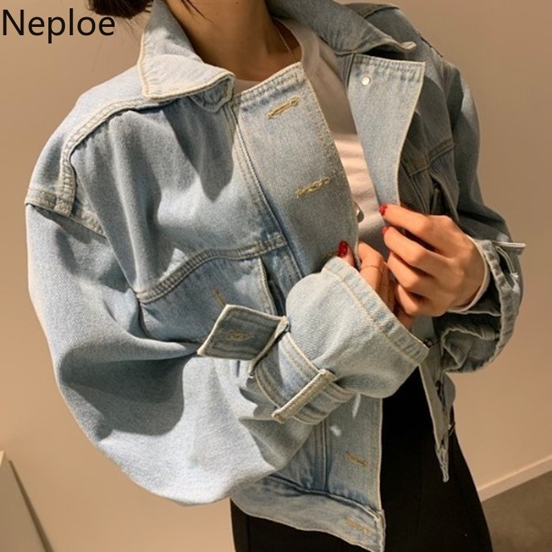 Neploe Ladies Denim Jacket Women Harajuku Vintage Jean Coat Streetwear Basic Outerwear Washed Blue Jeans Bomber 1A805 201017