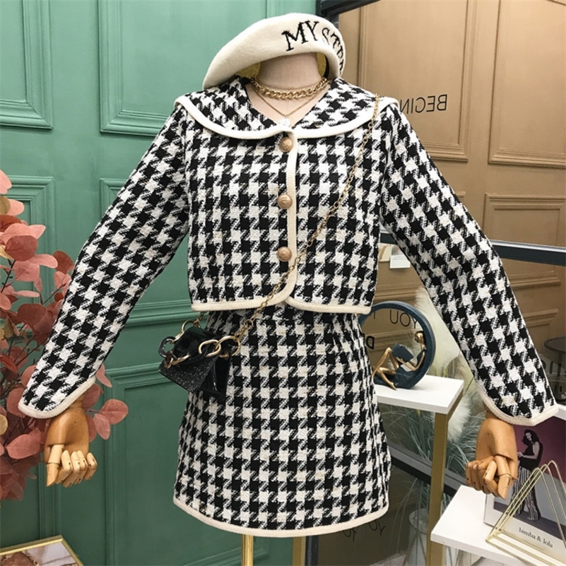 New Autumn Houndstooth Vintage Two Piece Set Women Crop Top Short Tweed Jacket Coat + Mini Bodycon Skirt Sets Ladies Suits 201124