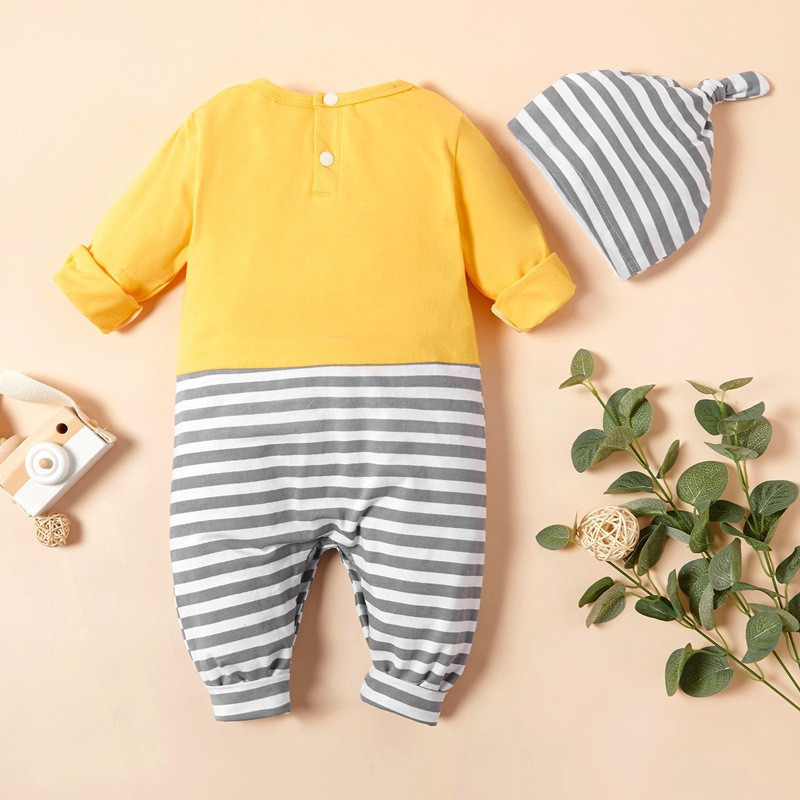 bunvel Newborn Baby Boy Girl Jumpsuit Jumpers Striped Patchwork Animal Print Toddler Kids Baby Girl Rompers + Hat Outfits Y1221