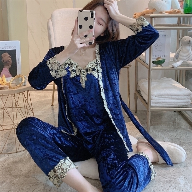 Autumn Winter Warm Pajamas Set Women SleepSet Deep Gold Velvet Sexy Homewear Pyjamas Women Pajama Sets Long Pant Set Robe Women 201113